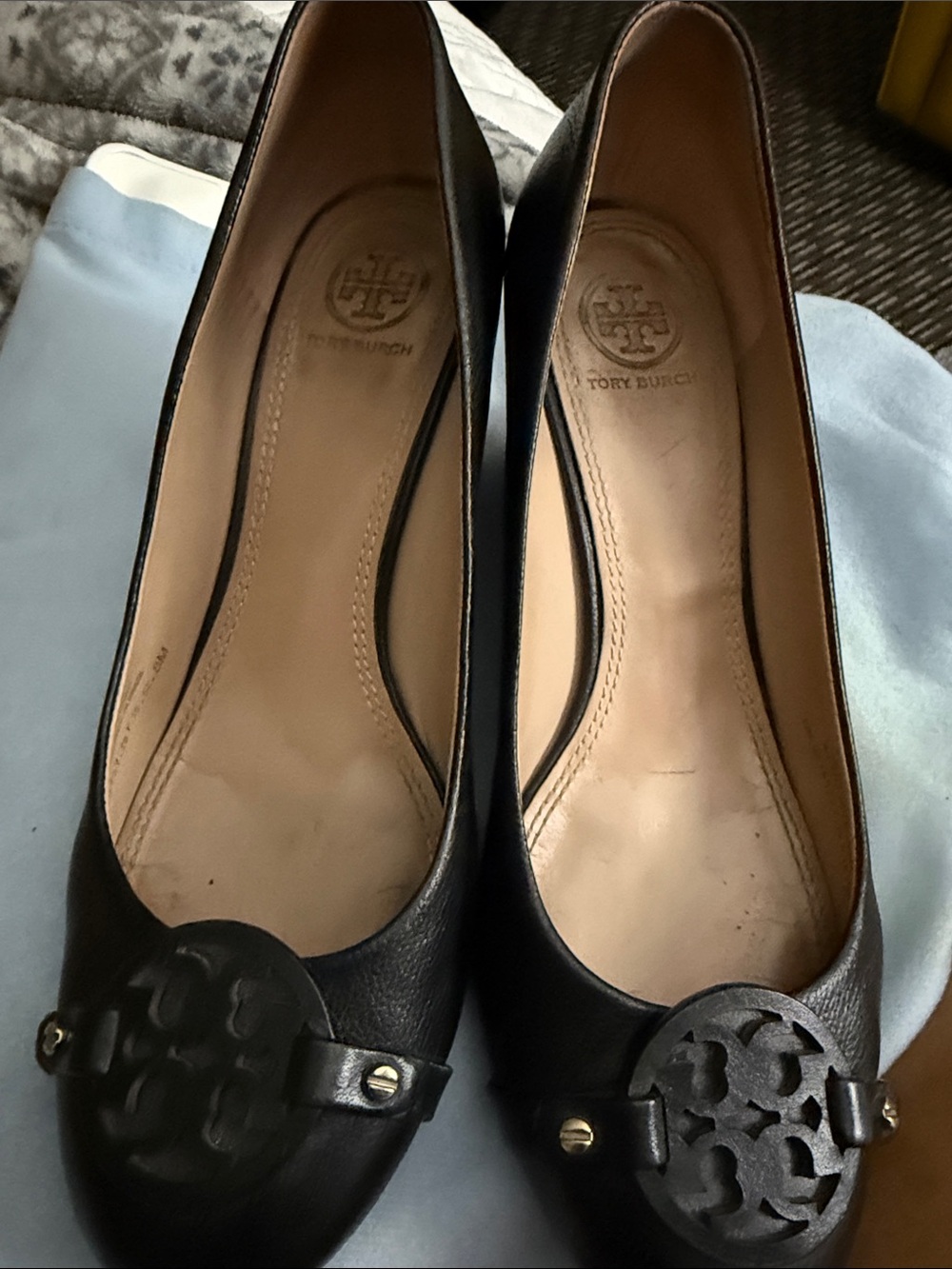 Tory Burch Black Leather Logo Ballet Flats